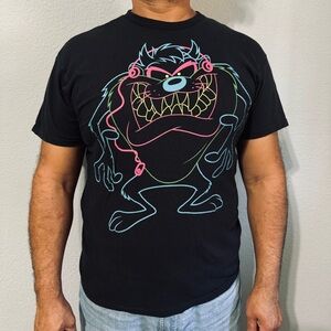 Vtg Looney Tunes Tasmanian Devil Men Black Crew Neck T-Shirt Size L 100% Cotton